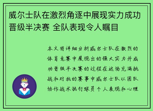 威尔士队在激烈角逐中展现实力成功晋级半决赛 全队表现令人瞩目