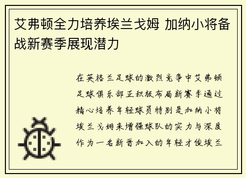 艾弗顿全力培养埃兰戈姆 加纳小将备战新赛季展现潜力