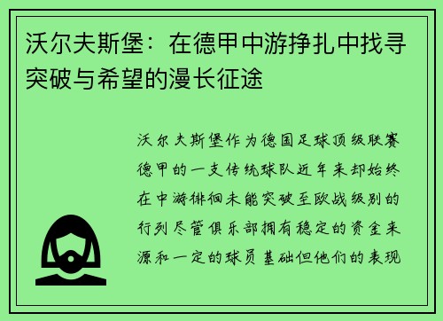 沃尔夫斯堡：在德甲中游挣扎中找寻突破与希望的漫长征途