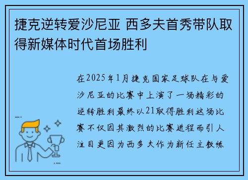 捷克逆转爱沙尼亚 西多夫首秀带队取得新媒体时代首场胜利