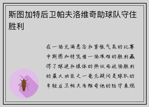 斯图加特后卫帕夫洛维奇助球队守住胜利