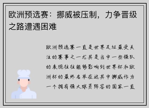 欧洲预选赛：挪威被压制，力争晋级之路遭遇困难