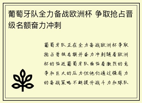 葡萄牙队全力备战欧洲杯 争取抢占晋级名额奋力冲刺