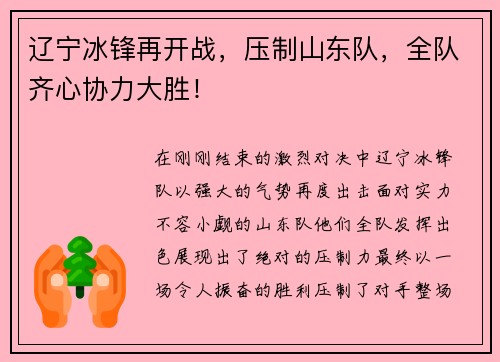 辽宁冰锋再开战，压制山东队，全队齐心协力大胜！
