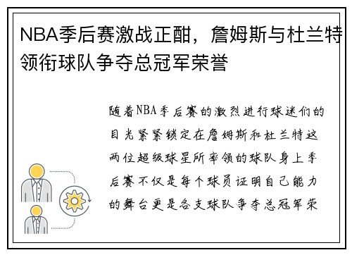 NBA季后赛激战正酣，詹姆斯与杜兰特领衔球队争夺总冠军荣誉