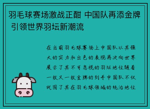 羽毛球赛场激战正酣 中国队再添金牌 引领世界羽坛新潮流