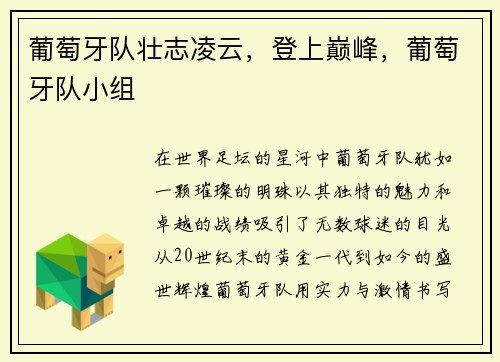 葡萄牙队壮志凌云，登上巅峰，葡萄牙队小组