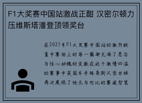 F1大奖赛中国站激战正酣 汉密尔顿力压维斯塔潘登顶领奖台